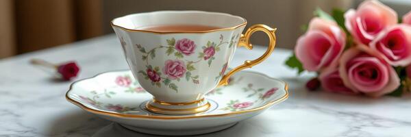 Delicate floral teacup alongside fresh roses on a marble table during an afternoon tea gathering photo