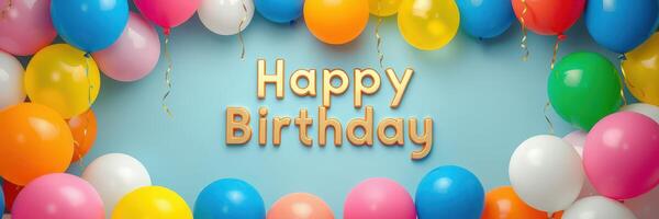 Colorful balloons surround cheerful birthday message in festive celebration setup photo