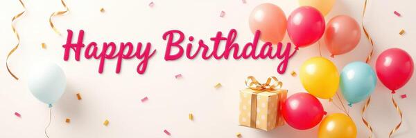 Colorful birthday celebration with balloons, confetti, and a gift box on display photo