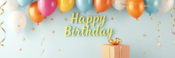 Decorative birthday setup with colorful balloons and a gift box for a festive celebration photo