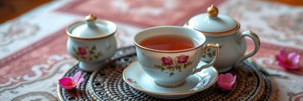 Delicate tea set displayed on an ornate table with floral patterns during a cozy afternoon gathering photo