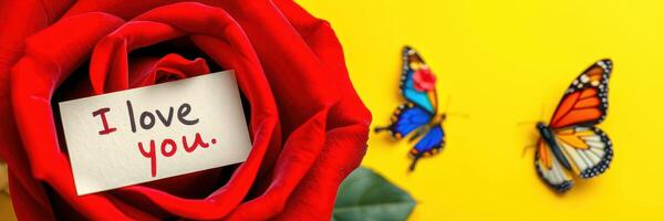Red rose with I love you note and colorful butterflies on bright yellow background photo