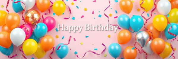 Colorful birthday celebration with balloons, confetti, and festive decorations set against a cheerful pink background photo