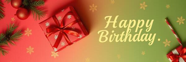 Happy Birthday celebration in festive colors with a gift and holiday decorations photo