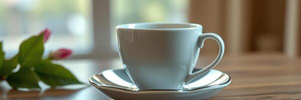 Coffee cup on a wooden table with a green plant in a cozy indoor setting during the afternoon light photo