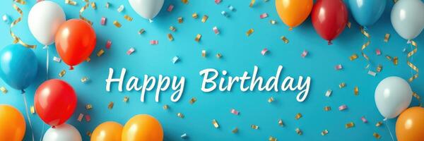 Colorful birthday celebration decorations with balloons and confetti on a bright blue background for a joyful party atmosphere photo