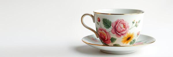 Elegant floral teacup on saucer showcases fine china artistry and delicate design details photo
