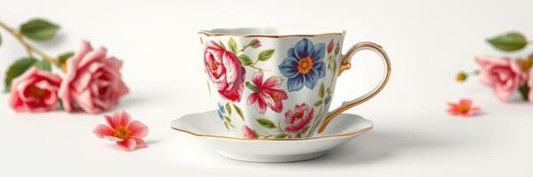 Floral patterned teacup with saucer and pink roses on a light background during a relaxed afternoon tea setting photo