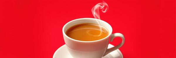 Warm cup of steaming tea resting on a white saucer against a vibrant red background in a cozy setting photo