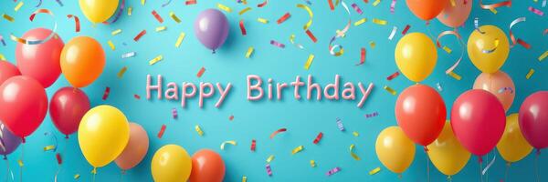 Colorful balloons and confetti celebrate a joyful birthday party on a vibrant blue background photo