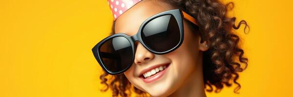Child smiles brightly wearing large sunglasses and a playful party hat against a vibrant yellow background photo