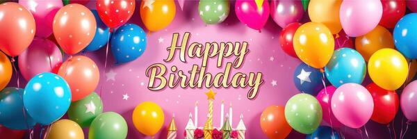 Colorful birthday celebration decorations with balloons and a joyful message photo