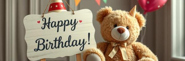 Celebration of a birthday with a teddy bear and decorative elements in a cozy indoor setting photo