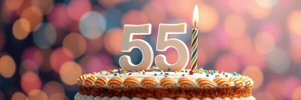 Celebration of 55th birthday with a colorful cake and a single candle glowing photo