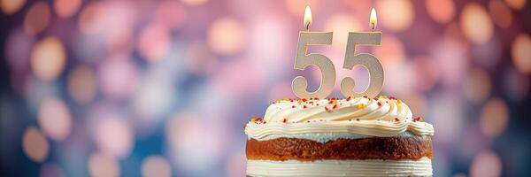 Celebrating a milestone birthday with a decorated cake and candles glowing at a festive event photo