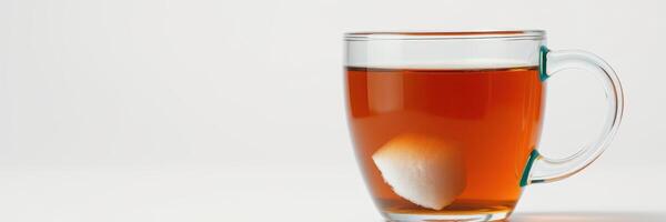 Hot cup of tea with sugar cube dissolving in clear glass mug on white background photo