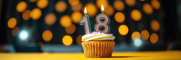 Celebrating an 18th birthday with a cupcake featuring candles and festive lights in the background photo