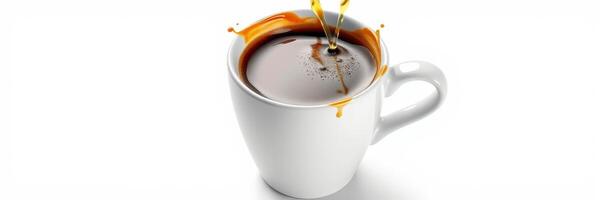 Hot coffee being poured into a white ceramic cup with a splash of brewed liquid photo