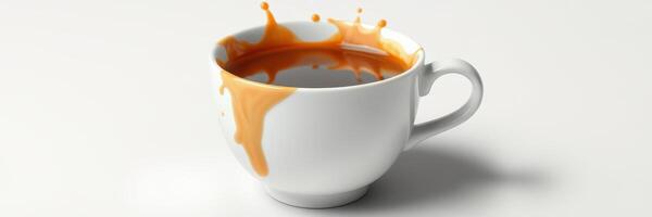 Coffee spills from a white cup on a plain background during a casual morning routine at home photo