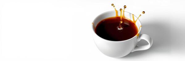 Coffee cup splashes as hot beverage is poured, showcasing dynamic movement and rich color photo