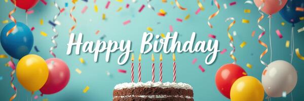 Birthday celebration with colorful balloons, confetti, and a delicious cake featuring lit candles photo