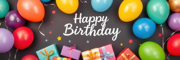 Celebrate a joyful birthday with colorful balloons and festive presents for a special occasion photo