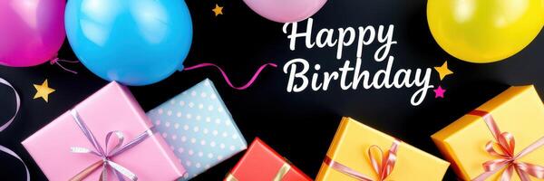 Celebration of a joyful birthday with colorful balloons and wrapped gifts arranged for a festive atmosphere photo