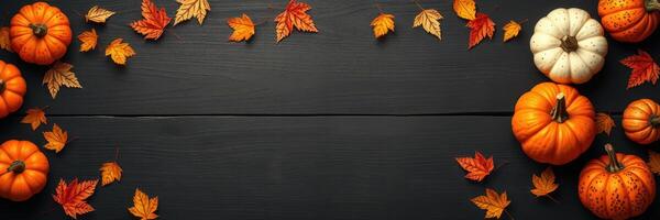 Colorful assortment of pumpkins and autumn leaves on a dark wooden surface creating a seasonal display photo