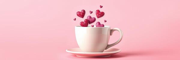 Cute cup of coffee with floating hearts creating a romantic atmosphere on a pink background photo