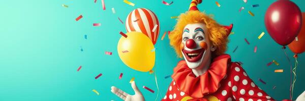 Colorful clown celebrates with balloons, confetti, and joyful expressions at a festive event photo
