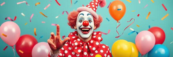 Colorful clown celebrating with balloons and confetti at a joyful party atmosphere photo