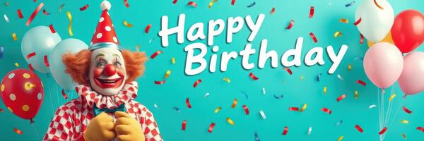 Cheerful clown celebrating a birthday with balloons and confetti at a festive party photo