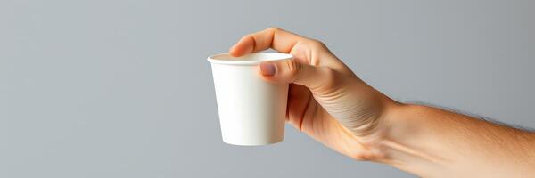 Hand holds a small white disposable cup in a minimalistic setting, showcasing simple materials and functionality photo