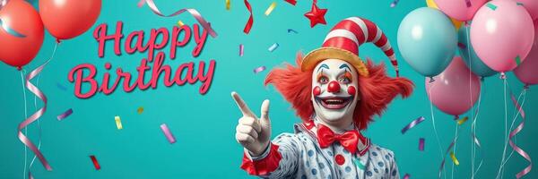 Colorful birthday celebration with a cheerful clown and festive decorations in a vibrant setting photo