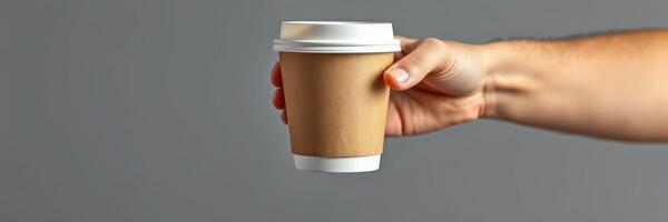 Hand holding a disposable coffee cup against a gray background in a casual setting photo