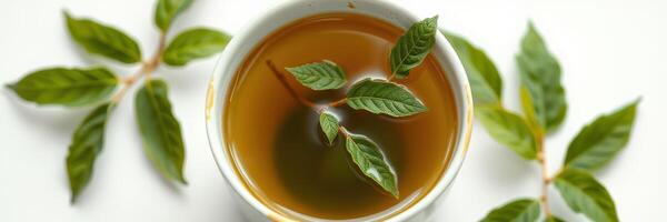 Fresh herbal tea with green leaves showcasing natural tranquility and wellness photo