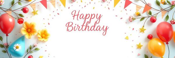 Colorful birthday decorations with flowers, balloons, and bunting create a festive atmosphere for a celebration photo