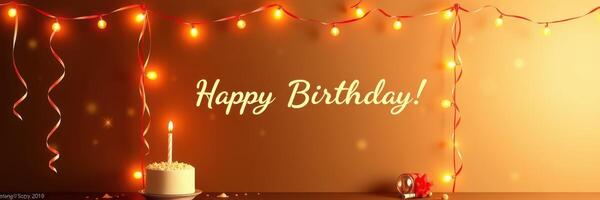 Celebration of a birthday with a cake, candle, and festive decorations on a warm, illuminated background photo