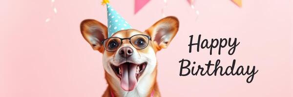 Happy birthday celebration with a playful dog wearing a party hat and glasses in a festive setting photo