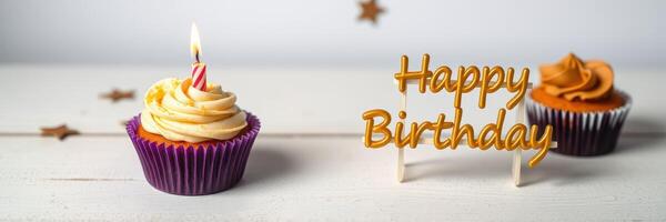 Celebration of a joyful birthday with decorated cupcakes and a cheerful message photo