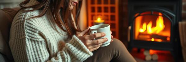 Cozy moment by the fireplace with a warm drink on a chilly evening in a rustic living room photo