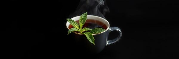 Hot herbal tea with fresh mint leaves steaming in a black cup against a dark background photo