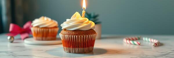Celebrating a special occasion with delicious cupcakes on a marble table photo