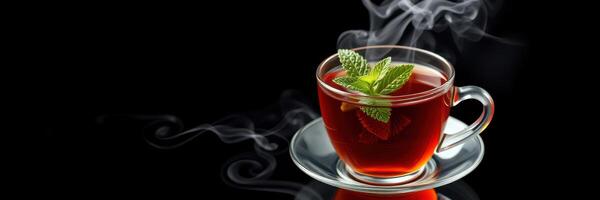 Warm herbal tea served in a clear cup with a fresh mint garnish on a dark background photo