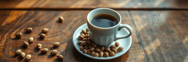 Freshly brewed coffee served with roasted beans on a wooden table photo