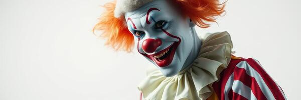 Colorful clown with striking makeup and vibrant costume smiles in a playful pose against a light background photo
