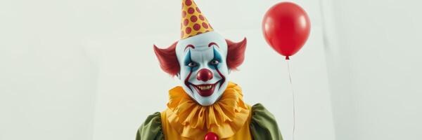 Clown with colorful costume and balloon brings joy during a festive event in an indoor setting photo