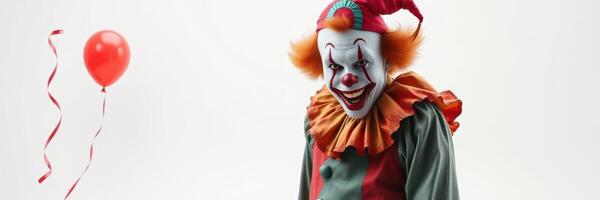 Clown wearing colorful costume poses with red balloon against white background during festive atmosphere photo