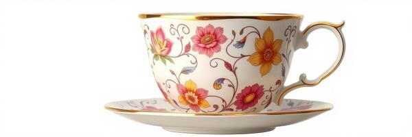 Elegant floral tea cup with saucer showcasing intricate designs and vibrant colors photo