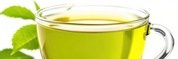Freshly brewed green tea in a clear glass cup with green leaves in the background photo